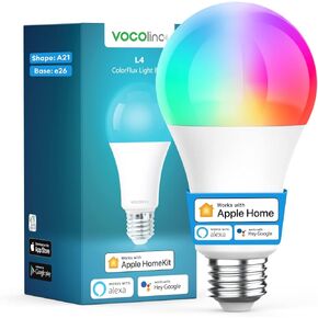 لمبة الإضاءة الذكية VOCOlinc تعمل مع Apple Homekit، Alexa، Google Home، مصابيح WiFi الذكية القابلة للتعتيم، 850 لومن، E26 LED لمبة ذكية مكافئة 60 وات، A21، 2200K-7000K RGBW، 9.5 وات، حزمة واحدة