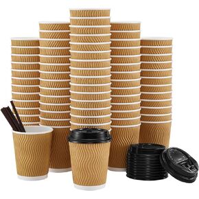 80 Pack 16 oz Disposable Coffee Cups with Lids and Straws, Insulated Ripple Wall To Go Paper Coffee Cups for Coffee, Hot Chocolate and Hot Tea Drinks - Champagne