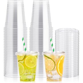 100 PACK 16 oz Clear Plastic Cups with Dome Lids, Disposable Dessert Cups, Parfait cups for Ice Cream, Iced Cold Coffee Drinks, Cupcake, Fruit Cups for Party