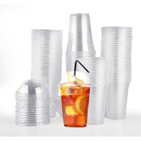 100 PACK 16 oz Clear Plastic Cups with Dome Lids, Disposable Dessert Cups, Parfait cups for Ice Cream, Iced Cold Coffee Drinks, Cupcake, Fruit Cups for Party