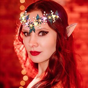 Formery Light Up Flower Fairy Headband Gold Pearl LED Elf Headpiece Garland Renaissance Wedding Handmade Leaves V-shape Elven Circlet Tiara for Women and Girls