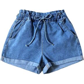 Floerns Women's Elastic High Waist Bow Front Straight Leg Denim Shorts with Pockets