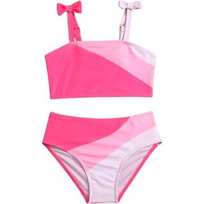 SweatyRocks Girl's 2 Piece Swimsuit Stripe Print Color Block Bikini Set Scoop Neck High Waist Bathing Suit