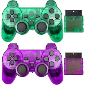 JINHOABF Wireless Controller for PS2,Built-in Dual Vibration 2.4G Gamepad Joystick Compatible for PS2 Controller,with Wireless Receivers (2PACK, Clear Green and Clear Purple)