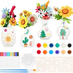 Tiangrid 4 Set Ceramic to Paint Make Your Own Flower Bouquet with Ceramics Vase and Paintbrush Paint Your Own Ceramics Vase DIY Craft Kit Ornaments for Adults DIY Activity Birthday Gift