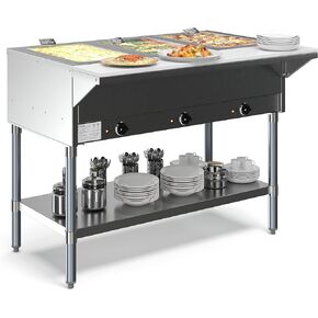 KoolMore 3-Pan Open Well Electric Stainless Steel Steam Table Food Warmer for Buffets with Sneeze Guard, Overshelf, Undershelf, Warming Control Knobs, Front Serving Area [120V] (KM-OWS-3SG), Silver