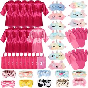 Bonuci 50 Pcs Spa Party Supplies for Girls, 10 Satin Robe 10 Kids Slippers Sleepover Birthday Spa Party Favors