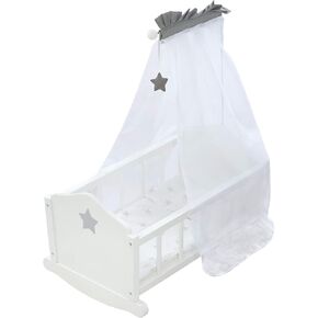 Roba Doll Cradle Set: Stella - Star, Gray & White - Includes Hanging Mobile, Pillow, Blanket & Canopy, Children's Pretend Play, Ages 3+