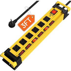 6 Outlet Heavy Duty 2700J Power Strip Surge Protector with Individual Switches Metal Mountable Power Strip with Flat Plug and Cord Manager, 6FT Long Extension Cord for Workshop, Workbench and Garage