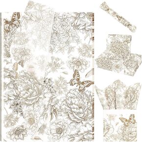 Bolsome 100 Sheets 20 * 14 Inches Vintage Floral Printed Tissue Paper Coffee Gold Peony Butterfly Printed Gift Wrapping Tissue Paper Peonies, Hydrangea Dragonflies Wrapping Tissue