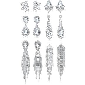 Thunaraz 6 Pairs Silver Clip on Earrings for Women Sparkly Rhinestone Clip Earrings Tassel Teardrop Crystal Chandelier Dangle Drop Earrings Wedding Earrings for Brides Bridesmaids Non Pierced Earrings Set