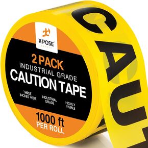 2pk شريط تحذيري - بكرتان - عرض كل منهما 1000 قدم × 3 بوصة - شريط أمان أصفر للتحذير من الرؤية العالية في الهواء الطلق، خطر البناء المتدلي، حاجز مسرح الجريمة، منطقة الخطر