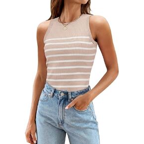 MEROKEETY Women's Ribbed Knit Tank Top 2024 Summer Casual High Neck Striped Sleeveless Shirts