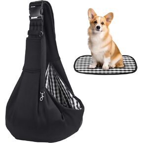 Kanemc Small Dog Sling Carrier Include Bottom Support, Puppies Cat Wrap Carrier Sling Adjustable Strap Zip Pocket, Hands Free Pets Pack for Outdoor Travel Vet (Black)