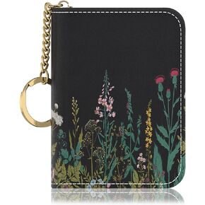 RFID Credit Card Holder, Small Card Holder Wallet with Keychain Zipper, Leather Card Case Wallet for Women, Beauty Flowers