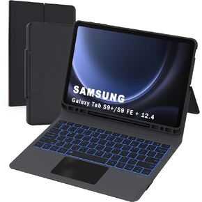 for Samsung Galaxy Tab S9 FE+ / S9 Plus 12.4 inch Keyboard Case - Folio Combo Smart Tablet Keyboard Cover with Trackpad - 7 Color Backlit Keyboard Case with S Pen Holder for Tab S9+/ S9 FE Plus 12.4"