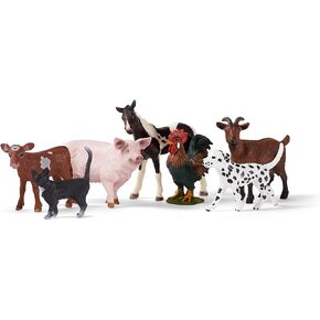 Schleich Farm World 7-Piece Farm Animal Gift Set Including Dalmatian, Cat, Pig, Goat, Rooster, Texas Longhorn Calf and Pinto Foal Animal Toys