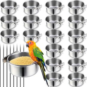 Ziliny 24 Pcs 10 oz Stainless Steel Bird Feeding Dish Cups Metal Bird Bowls with Clamp Bird Cage Feeder Bird Food Bowl Bird Accessories for Cages, Pet Cage Cups Holder for Parakeet Parrot Budgie