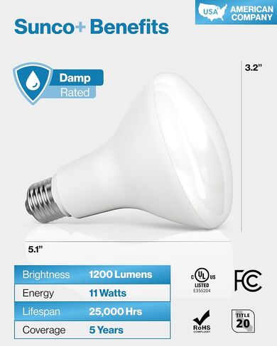 Sunco Lighting 6 Pack BR30 LED Bulbs, High Output 1200 Lumens, Indoor Flood Lights, 11W Equivalent 65W, 5000K Daylight, E26 Base, Interior Dimmable Recessed Can Light Bulbs - Energy Star in Kuwait