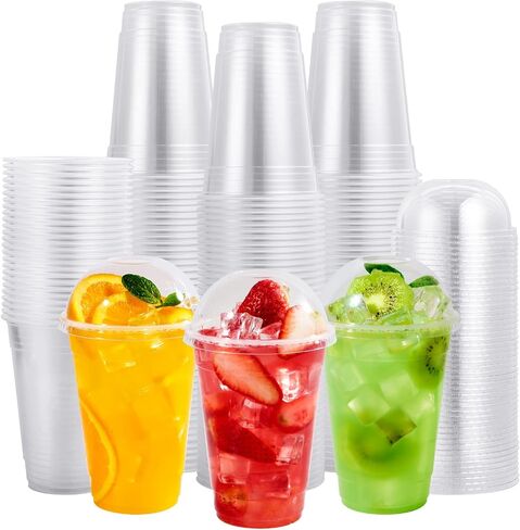 FOCUSLINE 200 PACK 12oz Clear Plastic Cups, Disposable Cold Drinking Cups, 12 Ounce Clear Cups with Flat Lids with Holes for Smoothie, Milkshake, Bubble Tea, Parfait in Saudi Arabia