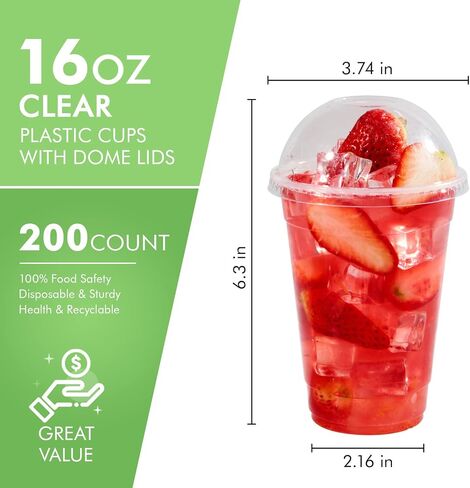 FOCUSLINE 200 PACK 12oz Clear Plastic Cups, Disposable Cold Drinking Cups, 12 Ounce Clear Cups with Flat Lids with Holes for Smoothie, Milkshake, Bubble Tea, Parfait in Saudi Arabia