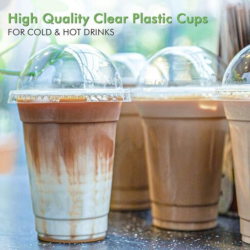 FOCUSLINE 200 PACK 12oz Clear Plastic Cups, Disposable Cold Drinking Cups, 12 Ounce Clear Cups with Flat Lids with Holes for Smoothie, Milkshake, Bubble Tea, Parfait in Saudi Arabia