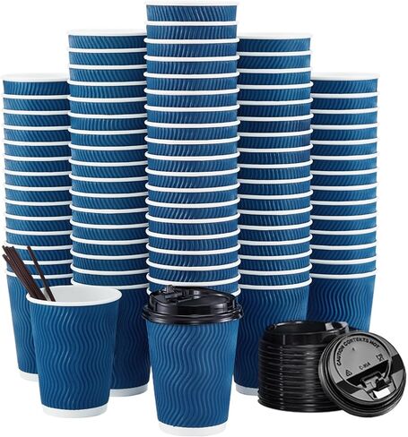 80 Pack 16 oz Disposable Coffee Cups with Lids and Straws, Insulated Ripple Wall To Go Paper Coffee Cups for Coffee, Hot Chocolate and Hot Tea Drinks - Champagne in Kuwait