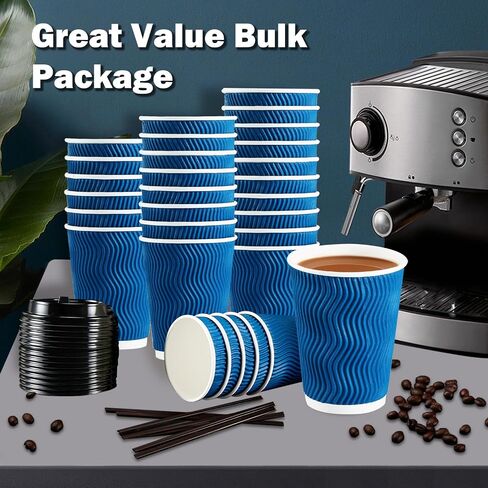 80 Pack 16 oz Disposable Coffee Cups with Lids and Straws, Insulated Ripple Wall To Go Paper Coffee Cups for Coffee, Hot Chocolate and Hot Tea Drinks - Champagne in Kuwait