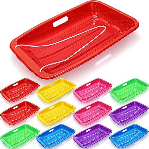 Shappy 12 Pcs Winter Plastic Snow Sled Bulk for Kids 26 x 14 Inch Toboggan Snow Sled with Pull Rope and Handles Downhill Sprinter Sand Sled for Kid 2-10 Outdoor Downhill Game in Kuwait