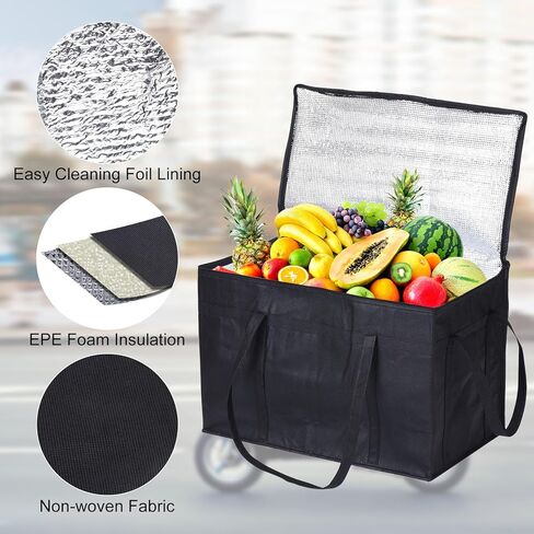 حزمة من 5 أكياس بقالة معزولة قابلة لإعادة الاستخدام من باتيكل، أكياس تبريد مقاس XXXL مع حقيبة طعام حرارية بسحاب لبقالة الطعام الساخنة والباردة والسفر على الشاطئ، أسود (22.8 بوصة × 13 بوصة × 15 بوصة) in Kuwait