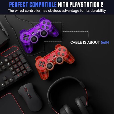 وحدة تحكم سلكية Doueuain لجهاز PS2، قطعتان من لوحة الألعاب عن بعد مزدوجة الصدمات متوافقة مع بلاي ستيشن 2، مع كابل بطول 1.8 متر (أحمر شفاف وأزرق شفاف) in Saudi Arabia