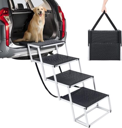 سلالم الكلاب للكلاب الكبيرة، سلالم للكلاب الكبيرة ذات الدفع الرباعي، سلالم للكلاب للسيارة، 4 خطوات سلم بإطار من الألومنيوم قابل للطي مع حصيرة مطاطية غير قابلة للانزلاق للأسرة العالية والأرائك والشاحنات والسيارات - 150 رطل in Kuwait