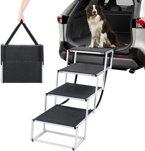 سلالم الكلاب للكلاب الكبيرة، سلالم للكلاب الكبيرة ذات الدفع الرباعي، سلالم للكلاب للسيارة، 4 خطوات سلم بإطار من الألومنيوم قابل للطي مع حصيرة مطاطية غير قابلة للانزلاق للأسرة العالية والأرائك والشاحنات والسيارات - 150 رطل in Kuwait