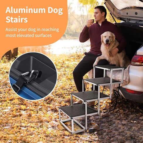 سلالم الكلاب للكلاب الكبيرة، سلالم للكلاب الكبيرة ذات الدفع الرباعي، سلالم للكلاب للسيارة، 4 خطوات سلم بإطار من الألومنيوم قابل للطي مع حصيرة مطاطية غير قابلة للانزلاق للأسرة العالية والأرائك والشاحنات والسيارات - 150 رطل in Kuwait