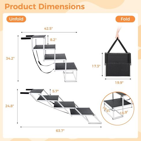 سلالم الكلاب للكلاب الكبيرة، سلالم للكلاب الكبيرة ذات الدفع الرباعي، سلالم للكلاب للسيارة، 4 خطوات سلم بإطار من الألومنيوم قابل للطي مع حصيرة مطاطية غير قابلة للانزلاق للأسرة العالية والأرائك والشاحنات والسيارات - 150 رطل in Kuwait