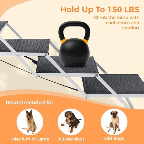 سلالم الكلاب للكلاب الكبيرة، سلالم للكلاب الكبيرة ذات الدفع الرباعي، سلالم للكلاب للسيارة، 4 خطوات سلم بإطار من الألومنيوم قابل للطي مع حصيرة مطاطية غير قابلة للانزلاق للأسرة العالية والأرائك والشاحنات والسيارات - 150 رطل in Kuwait