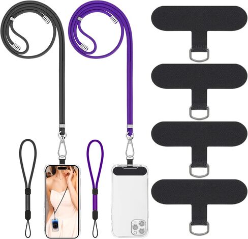 حبل للهاتف الخلوي، حبل عالمي 2× للهاتف حول الجسم للنساء، 2× حزام هاتف للمعصم و4× موصلات مطورة متوافقة مع معظم الهواتف (أسود أسود) in Kuwait