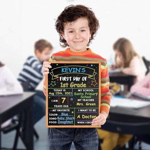 لوحة اليوم الأول للمدرسة - سبورة مدرسية مقاس 35.56 سم × 27.94 سم - سبورة مدرسية لليوم الأول والأخير - لوحة علامة بارزة لليوم الأول للعودة إلى المدرسة للأطفال الأولاد والبنات - مزدوجة الجوانب وقابلة لإعادة الاستخدام (D02-1) in Kuwait
