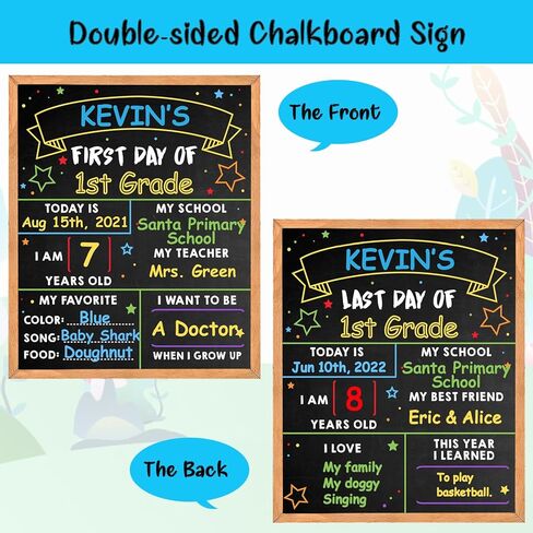 لوحة اليوم الأول للمدرسة - سبورة مدرسية مقاس 35.56 سم × 27.94 سم - سبورة مدرسية لليوم الأول والأخير - لوحة علامة بارزة لليوم الأول للعودة إلى المدرسة للأطفال الأولاد والبنات - مزدوجة الجوانب وقابلة لإعادة الاستخدام (D02-1) in Kuwait