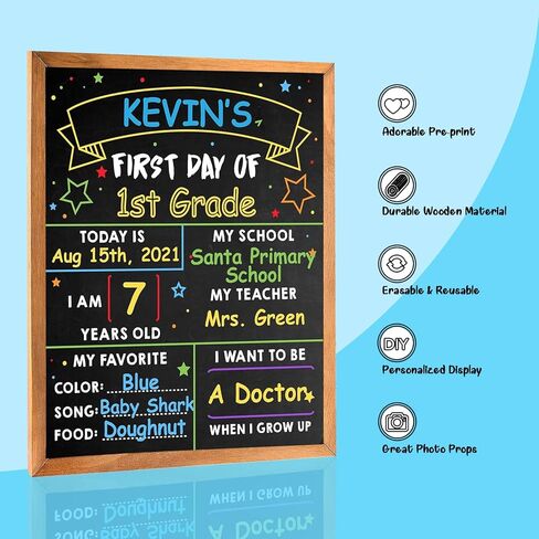 لوحة اليوم الأول للمدرسة - سبورة مدرسية مقاس 35.56 سم × 27.94 سم - سبورة مدرسية لليوم الأول والأخير - لوحة علامة بارزة لليوم الأول للعودة إلى المدرسة للأطفال الأولاد والبنات - مزدوجة الجوانب وقابلة لإعادة الاستخدام (D02-1) in Kuwait