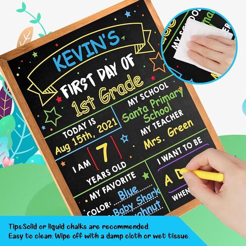 لوحة اليوم الأول للمدرسة - سبورة مدرسية مقاس 35.56 سم × 27.94 سم - سبورة مدرسية لليوم الأول والأخير - لوحة علامة بارزة لليوم الأول للعودة إلى المدرسة للأطفال الأولاد والبنات - مزدوجة الجوانب وقابلة لإعادة الاستخدام (D02-1) in Kuwait