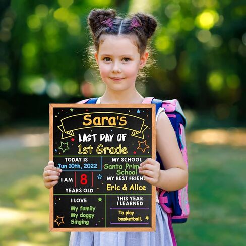 لوحة اليوم الأول للمدرسة - سبورة مدرسية مقاس 35.56 سم × 27.94 سم - سبورة مدرسية لليوم الأول والأخير - لوحة علامة بارزة لليوم الأول للعودة إلى المدرسة للأطفال الأولاد والبنات - مزدوجة الجوانب وقابلة لإعادة الاستخدام (D02-1) in Kuwait