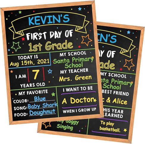 لوحة اليوم الأول للمدرسة - سبورة مدرسية مقاس 35.56 سم × 27.94 سم - سبورة مدرسية لليوم الأول والأخير - لوحة علامة بارزة لليوم الأول للعودة إلى المدرسة للأطفال الأولاد والبنات - مزدوجة الجوانب وقابلة لإعادة الاستخدام (D02-1) in Kuwait