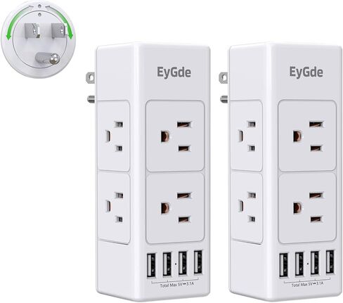 (2 Pack) Multi Plug Outlet Extender, EyGde Outlet Splitter with Rotating Plug, 6 Wall Outlet Widely Space (3 Side) and 4 USB Ports, Wall Adapter Power Strip Surge Protector (1700J) for Travel, Office in Saudi Arabia