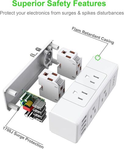 (2 Pack) Multi Plug Outlet Extender, EyGde Outlet Splitter with Rotating Plug, 6 Wall Outlet Widely Space (3 Side) and 4 USB Ports, Wall Adapter Power Strip Surge Protector (1700J) for Travel, Office in Saudi Arabia
