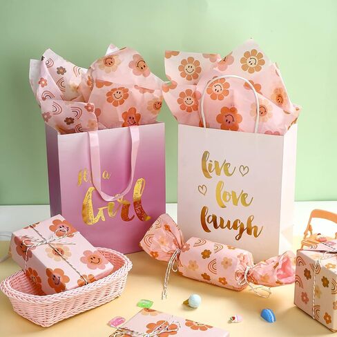 RUSPEPA Wrapping Tissue Paper - Pink Boho Style, Smiley Face and Rainbow Design Tissue Paper Bulk for Gift Wrap, Birthday, Baby Shower and More - 13.7 x 19.6 inches - 90 Sheets in Saudi Arabia