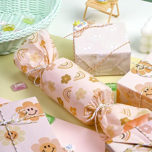 RUSPEPA Wrapping Tissue Paper - Pink Boho Style, Smiley Face and Rainbow Design Tissue Paper Bulk for Gift Wrap, Birthday, Baby Shower and More - 13.7 x 19.6 inches - 90 Sheets in Saudi Arabia