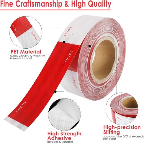 شريط أمان عاكس من Toolly مقاس 2 بوصة × 200 قدم، DOT-C2 شريط لاصق مقاوم للماء باللونين الأحمر والأبيض للمقطورة والخارجية والسيارات والشاحنات in Kuwait