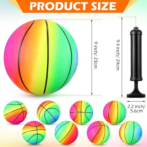 8 قطع من كرات ملعب قوس قزح مقاس 9 بوصة مع مضخة هواء يدوية واحدة، كرات رياضية ملونة نيون قابلة للنفخ كرة سلة متعددة الألوان، كرات كرة يد للأطفال والكبار، ملعب صيفي للاستخدام الداخلي والخارجي in Kuwait