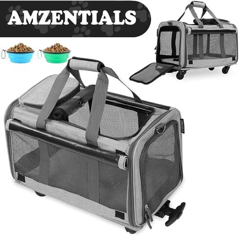 حاملة الكلاب الصغيرة الفاخرة من AMZENTIALS، حاملة الحيوانات الأليفة ذات العجلات، حاملة سفر مثالية للكلاب وحاملة سفر للقطط، تجربة حقيبة سفر قابلة للطي، حاملة حيوانات أليفة صغيرة مع وعاء ماء للسفر للكلاب in Kuwait